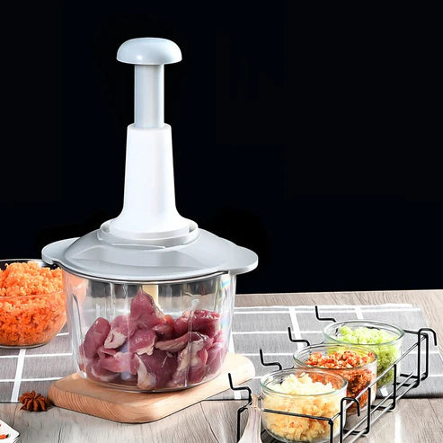 2L Multifunctional Hand Push Chopper & Mixer - Manual Press Cutter for Vegetables, Meat!